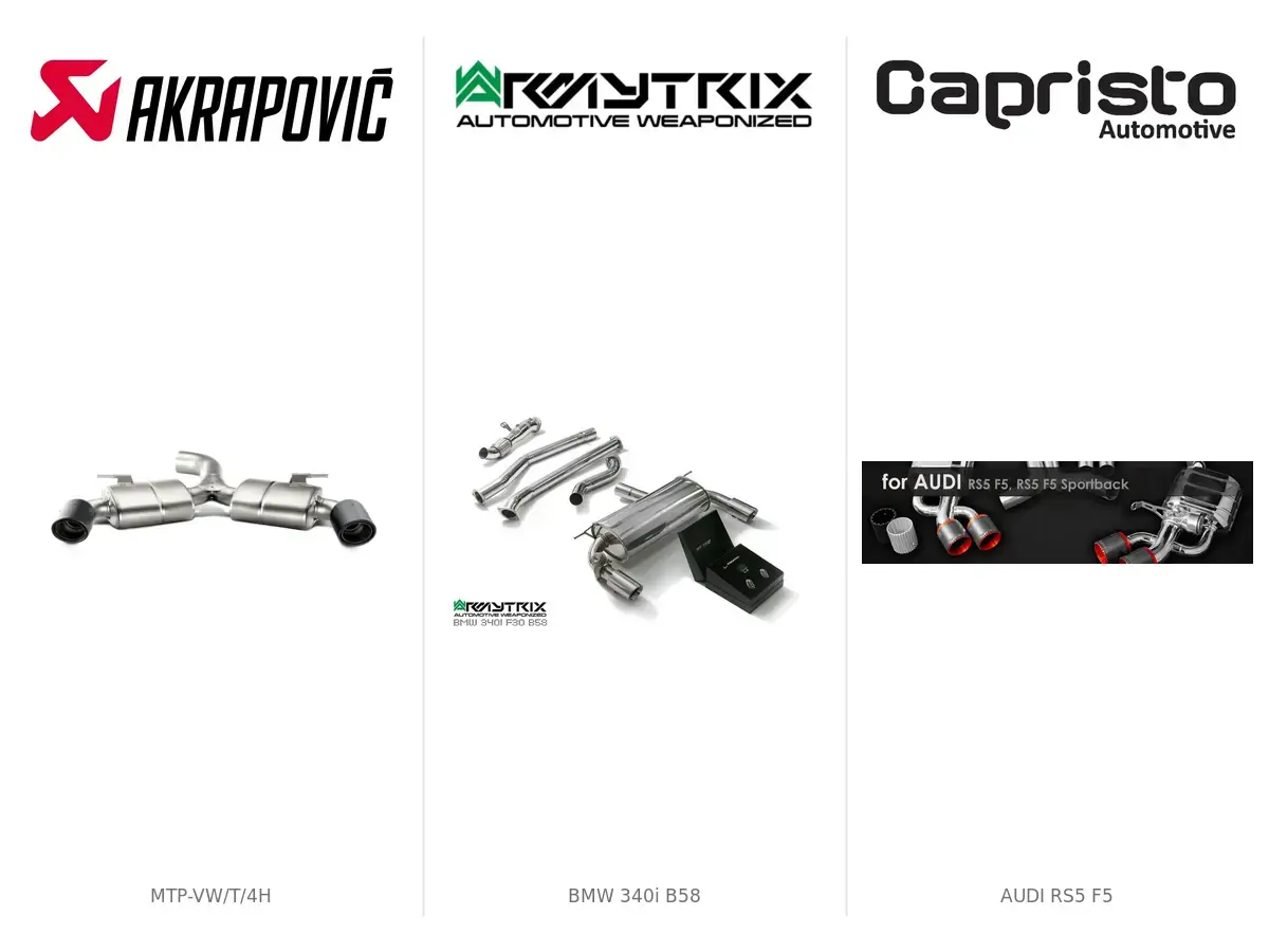 Akrapovič MTP-VW/T/4H, Armytrix BMW 340i B58 in Capristo Audi RS5 F5